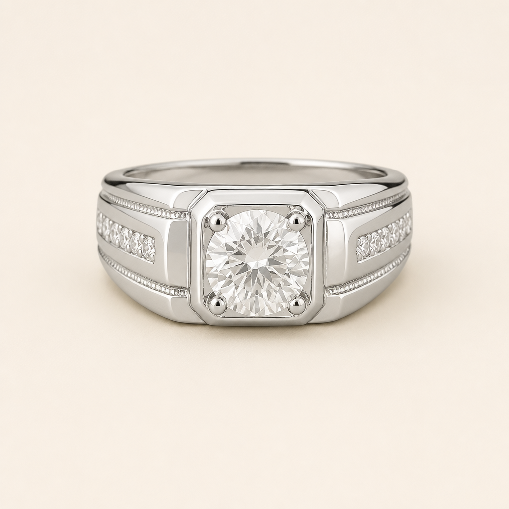 Impimo 1/2 CT Moissanite Round Cut Ring - Square Bezel Channel Band - 925 Sterling Silver with 18K White Gold Plating | packshot on ivory