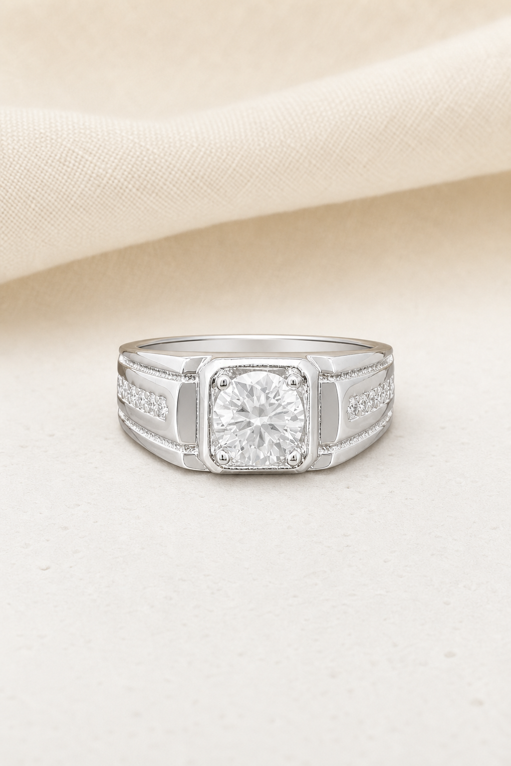 Impimo 1/2 CT Moissanite Round Cut Ring - Square Bezel Channel Band - 925 Sterling Silver with 18K White Gold Plating | display view on ivory linen
