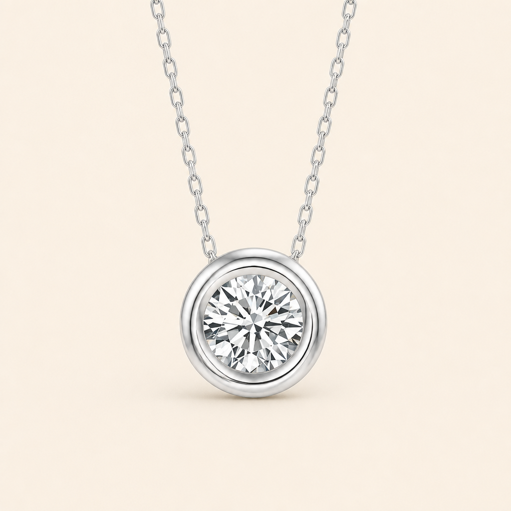 Impimo 1/2 CT Moissanite Round Cut Pendant - 925 Sterling Silver with 18K White Gold Plating | packshot on ivory