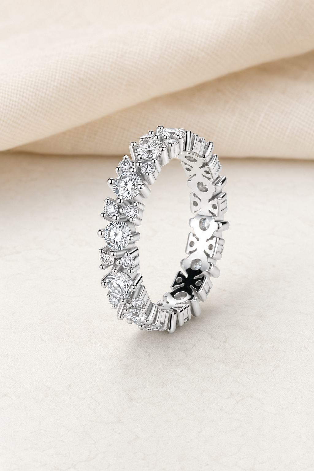 Impimo 1.6 CT Moissanite Round Cut Ring - 925 Sterling Silver with 18K White Gold Plating | display view on ivory linen