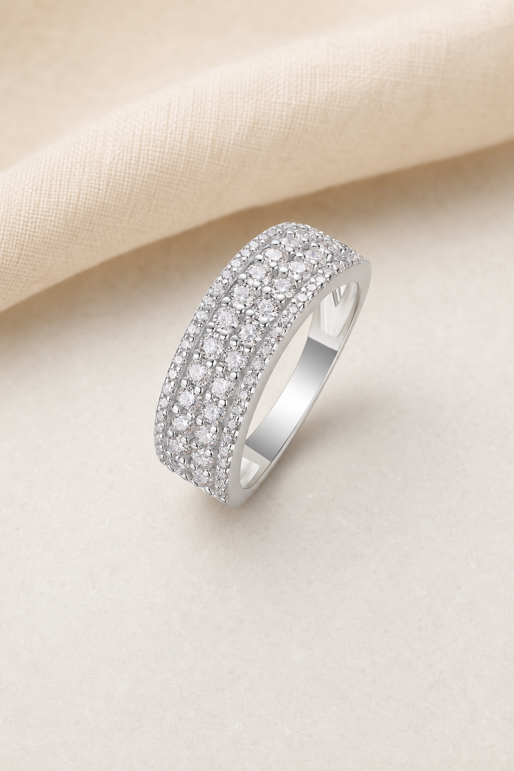 Impimo 1.2 CT (Total) Moissanite Round Cut Ring - 925 Sterling Silver with 18K White Gold Plating | display view on ivory linen