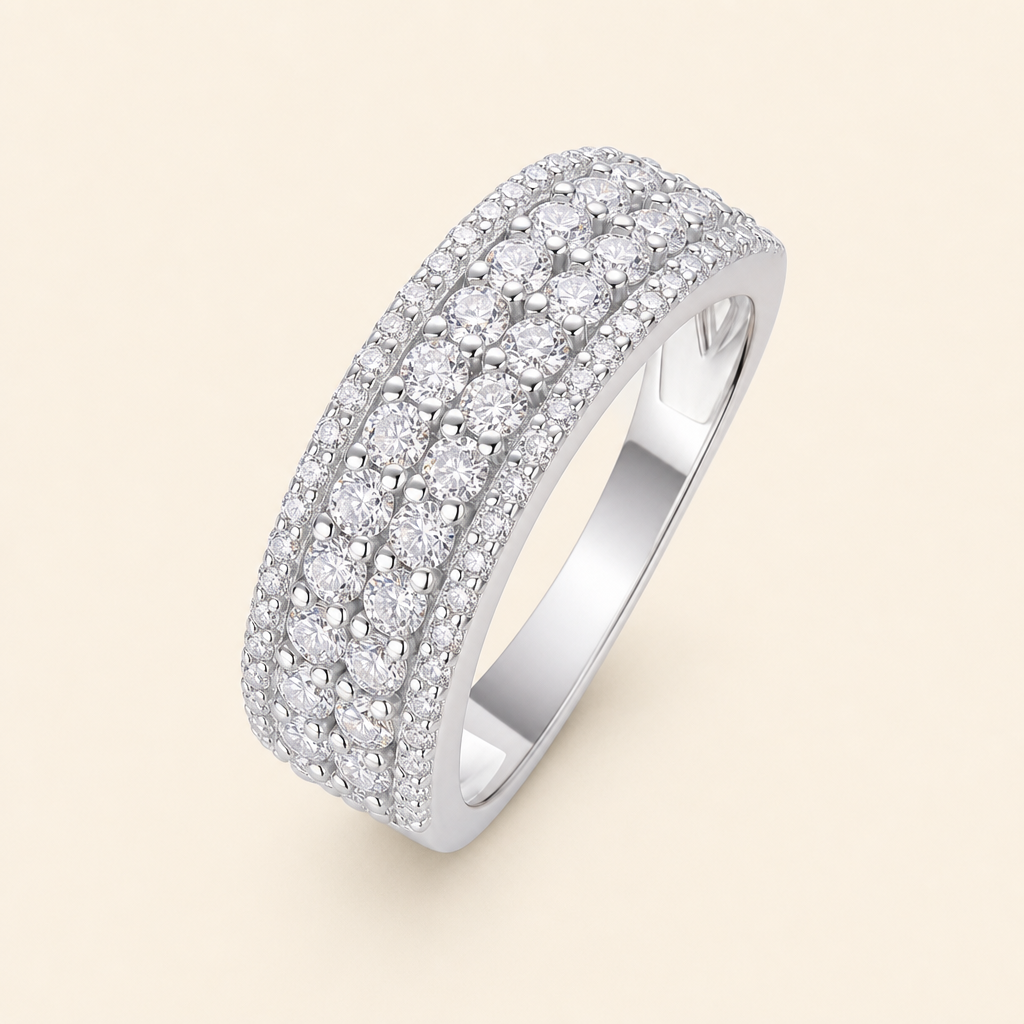 Impimo 1.2 CT (Total) Moissanite Round Cut Ring - 925 Sterling Silver with 18K White Gold Plating | packshot on ivory