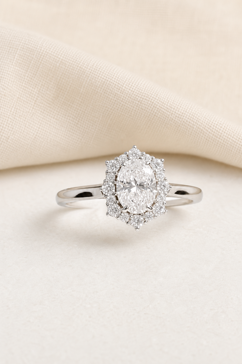 Impimo 1CT Moissanite Oval Cut Ring - 925 Sterling Silver with 18K White Gold Plating | display view on ivory linen