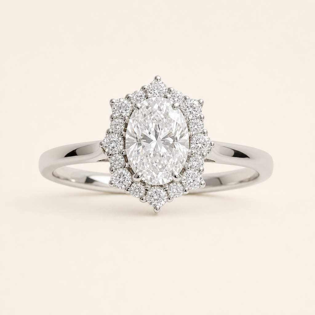Impimo 1CT Moissanite Oval Cut Ring - 925 Sterling Silver with 18K White Gold Plating | packshot on ivory