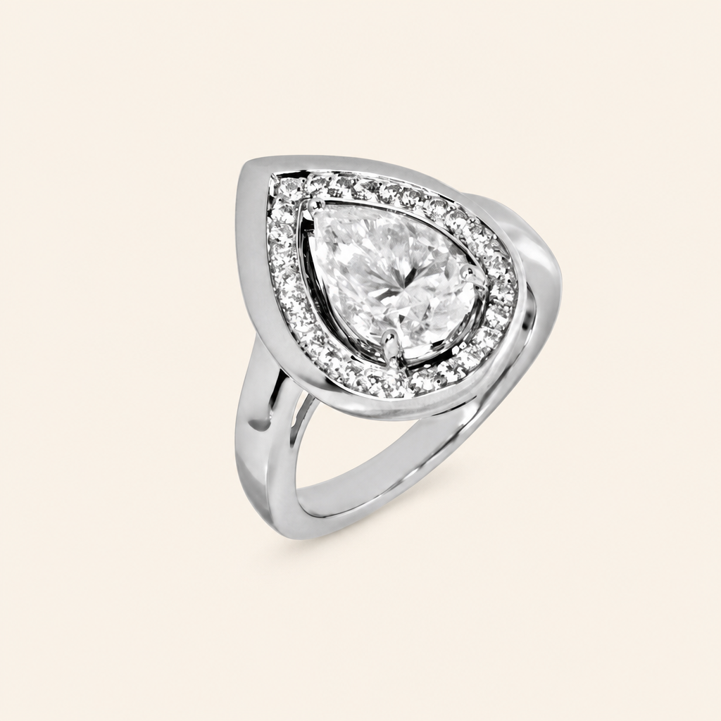 Impimo 3 CT Moissanite Pear Cut Ring - 925 Sterling Silver with 18K White Gold Plating | packshot on ivory