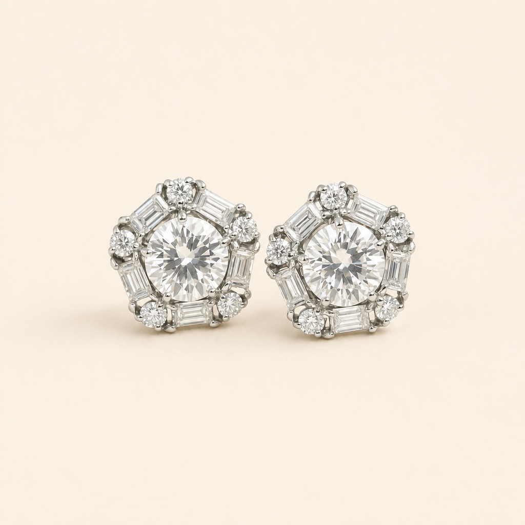 Impimo Moissanite Round Cut Earrings - 925 Sterling Silver with 18K White Gold Plating | packshot on ivory