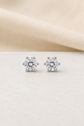 Impimo 0.6/1/2/4/6 CT (Pair) Moissanite Round Cut Earrings - 925 Sterling Silver with 18K White Gold Plating | display view on ivory linen
