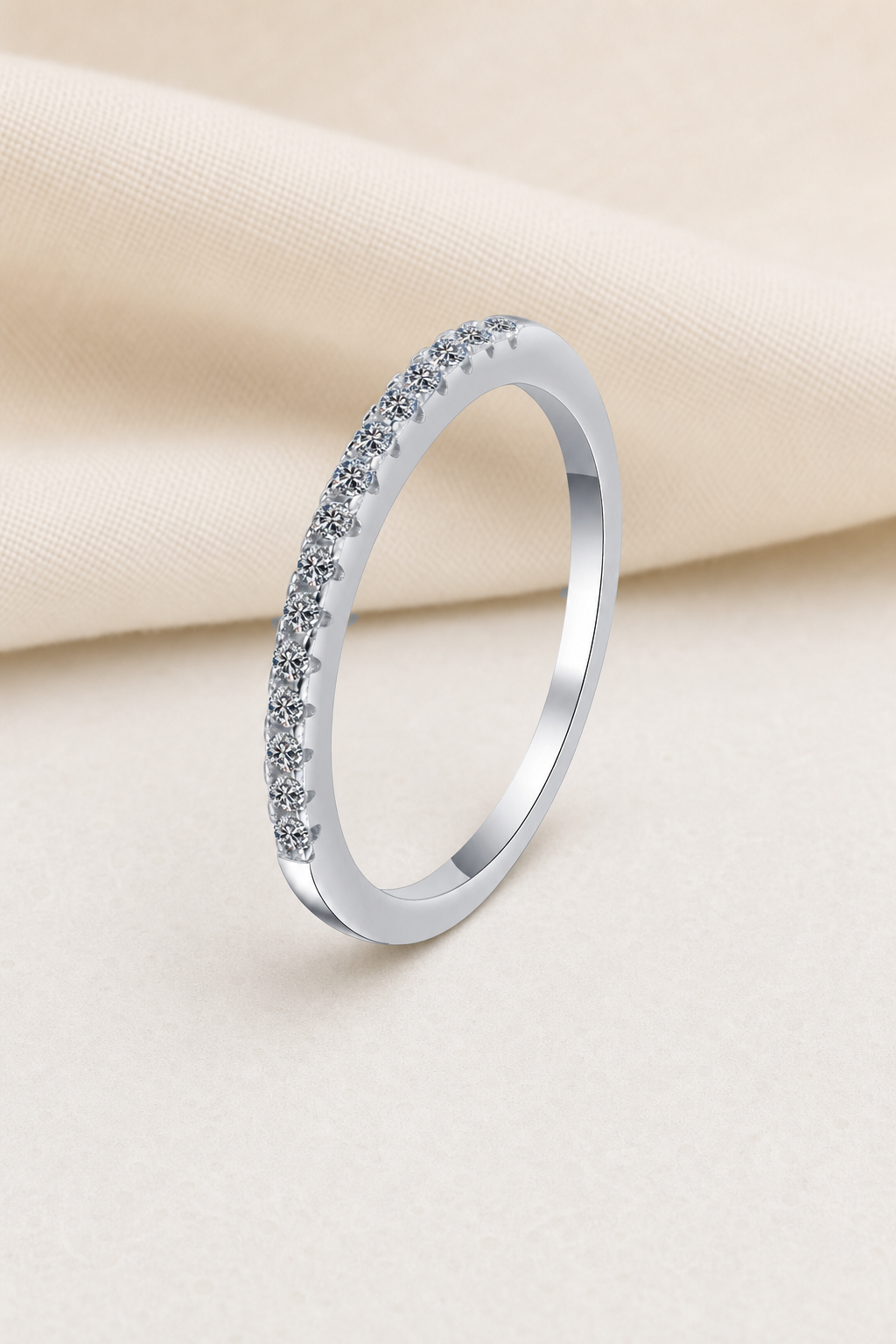 Impimo 0.25 CT Moissanite Round Cut Ring - 925 Sterling Silver with 18K White Gold Plating | display view on ivory linen