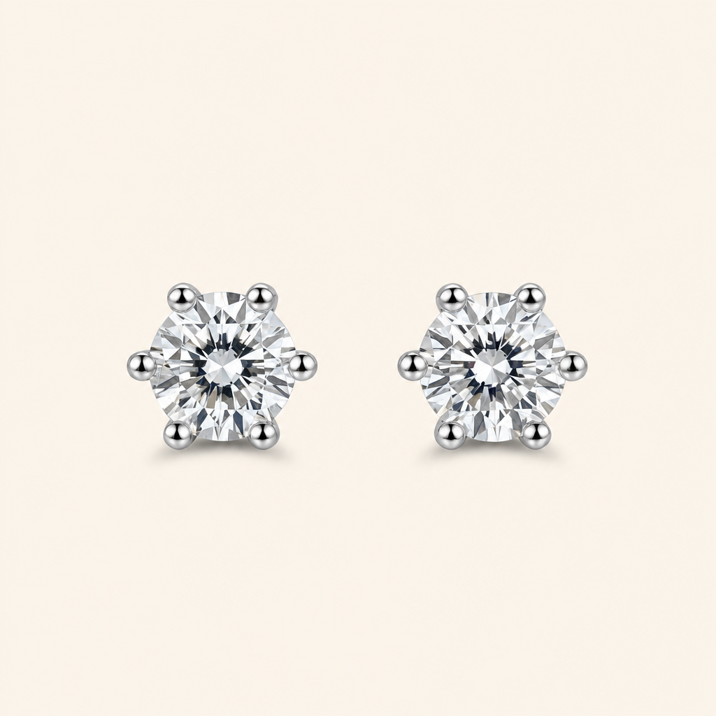 Impimo 0.6/1/2/4/6 CT (Pair) Moissanite Round Cut Earrings - 925 Sterling Silver with 18K White Gold Plating | packshot on ivory