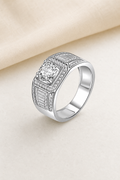 Impimo 1/2 CT Moissanite Round Cut Ring - Baguette Halo Band - 925 Sterling Silver with 18K White Gold Plating | display view on ivory linen