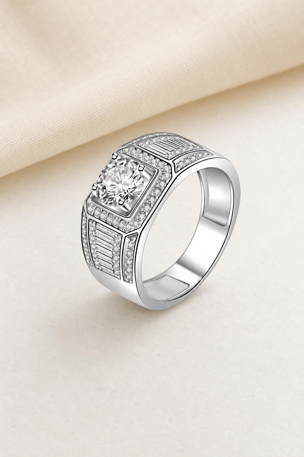 Impimo 1/2 CT Moissanite Round Cut Ring - Baguette Halo Band - 925 Sterling Silver with 18K White Gold Plating | display view on ivory linen