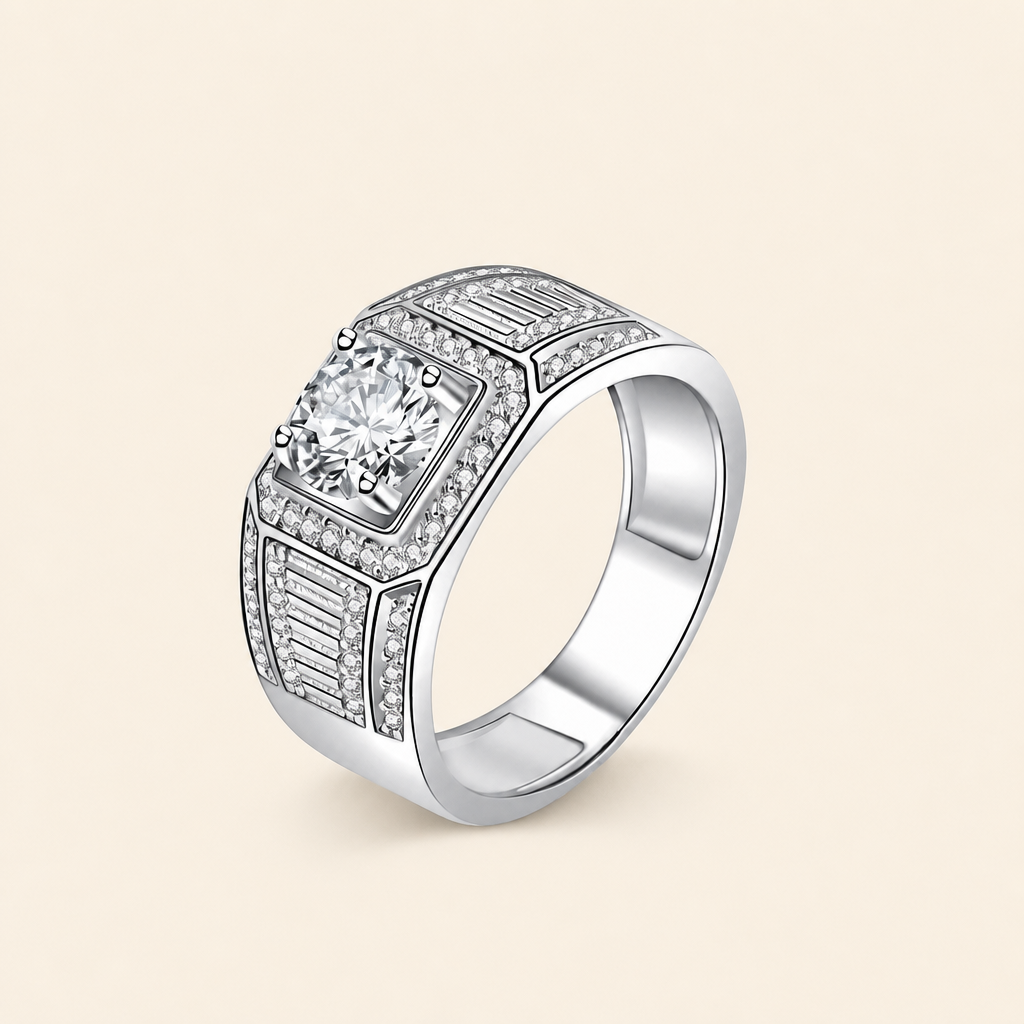 Impimo 1/2 CT Moissanite Round Cut Ring - Baguette Halo Band - 925 Sterling Silver with 18K White Gold Plating | packshot on ivory