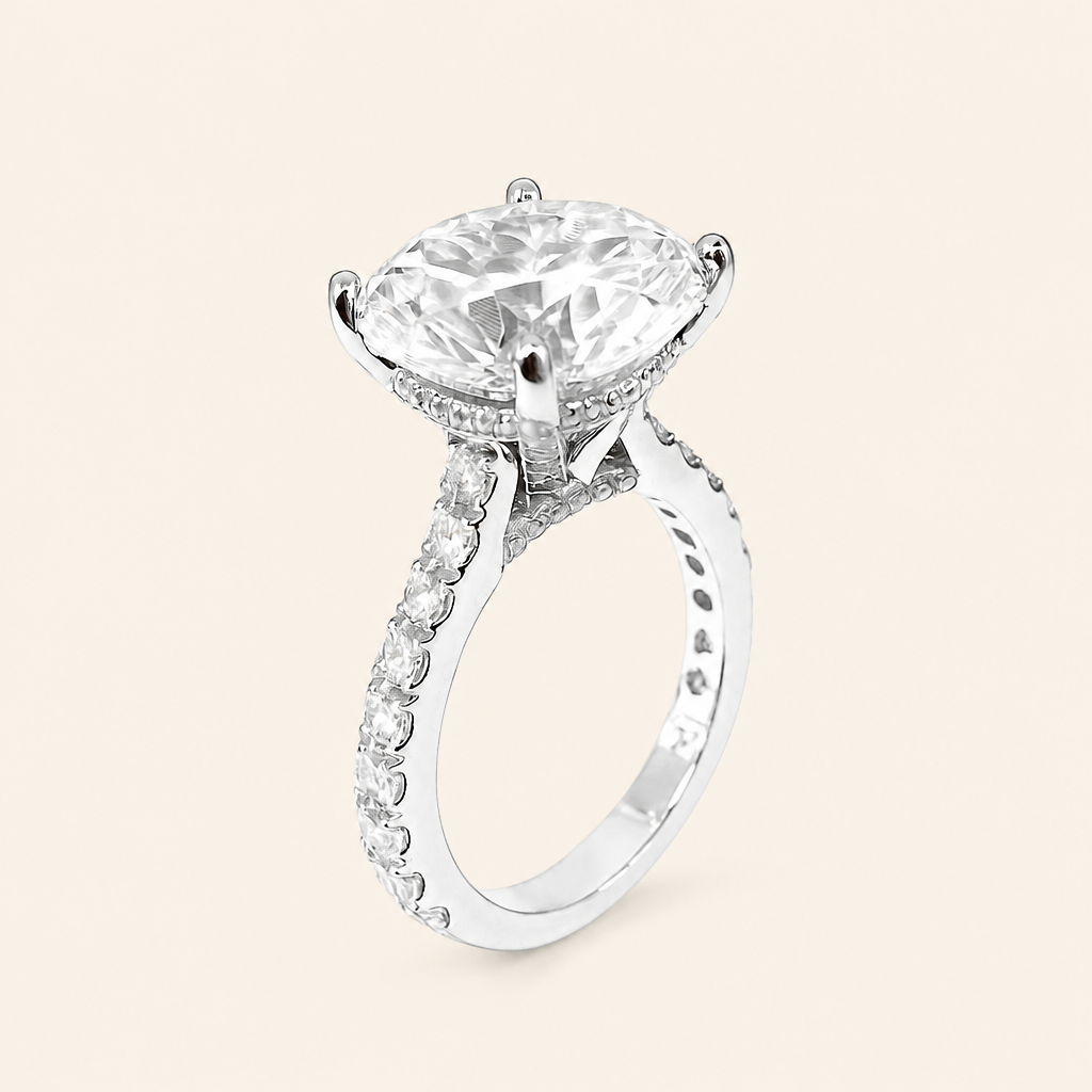 Impimo 10 CT Moissanite Round Cut Ring - Cathedral Pavé Solitaire - 925 Sterling Silver with 18K White Gold Plating | packshot on ivory