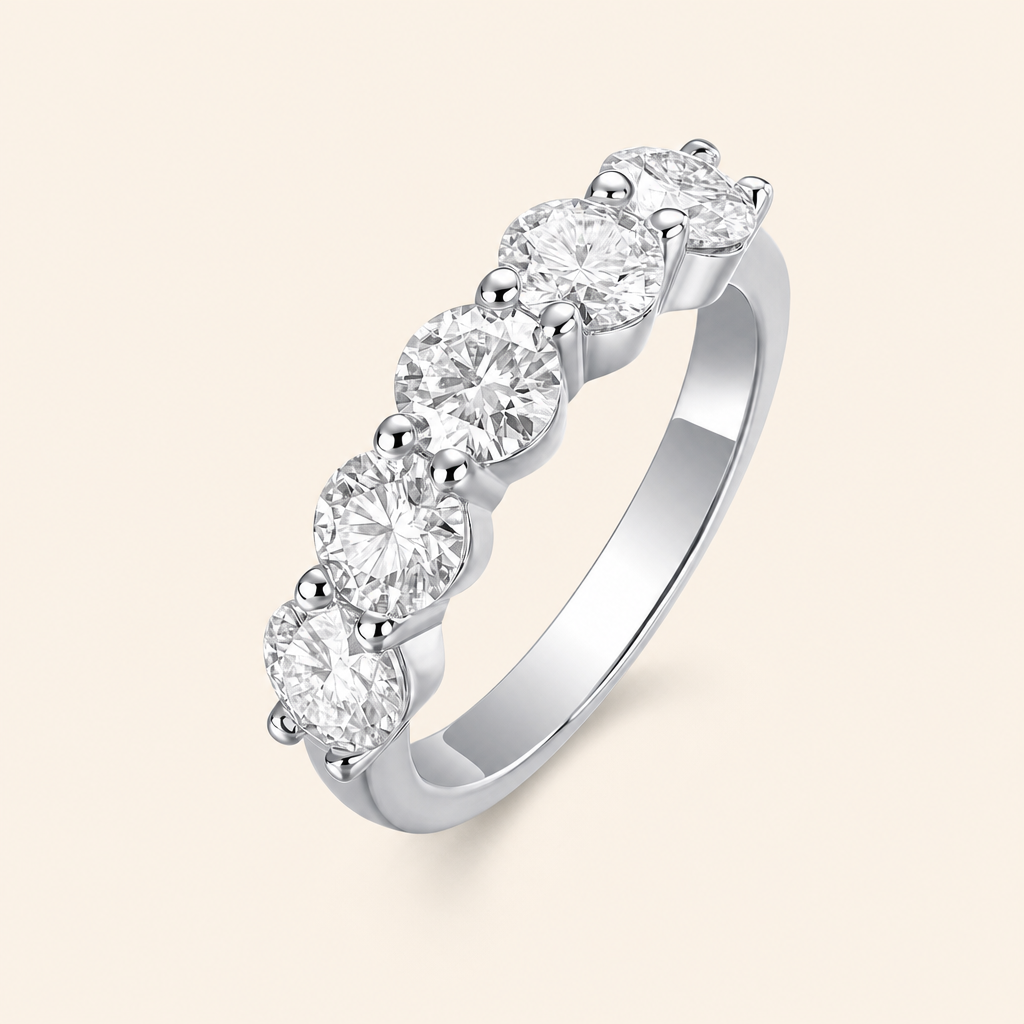 Impimo 2.5 CT (Total) Moissanite Round Cut Ring - 925 Sterling Silver with 18K White Gold Plating | packshot on ivory