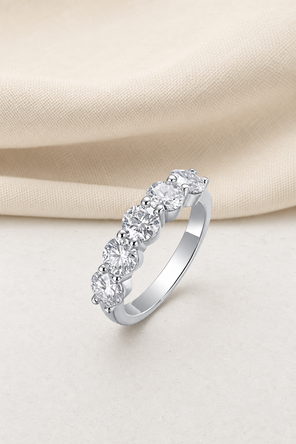 Impimo 2.5 CT (Total) Moissanite Round Cut Ring - 925 Sterling Silver with 18K White Gold Plating | display view on ivory linen