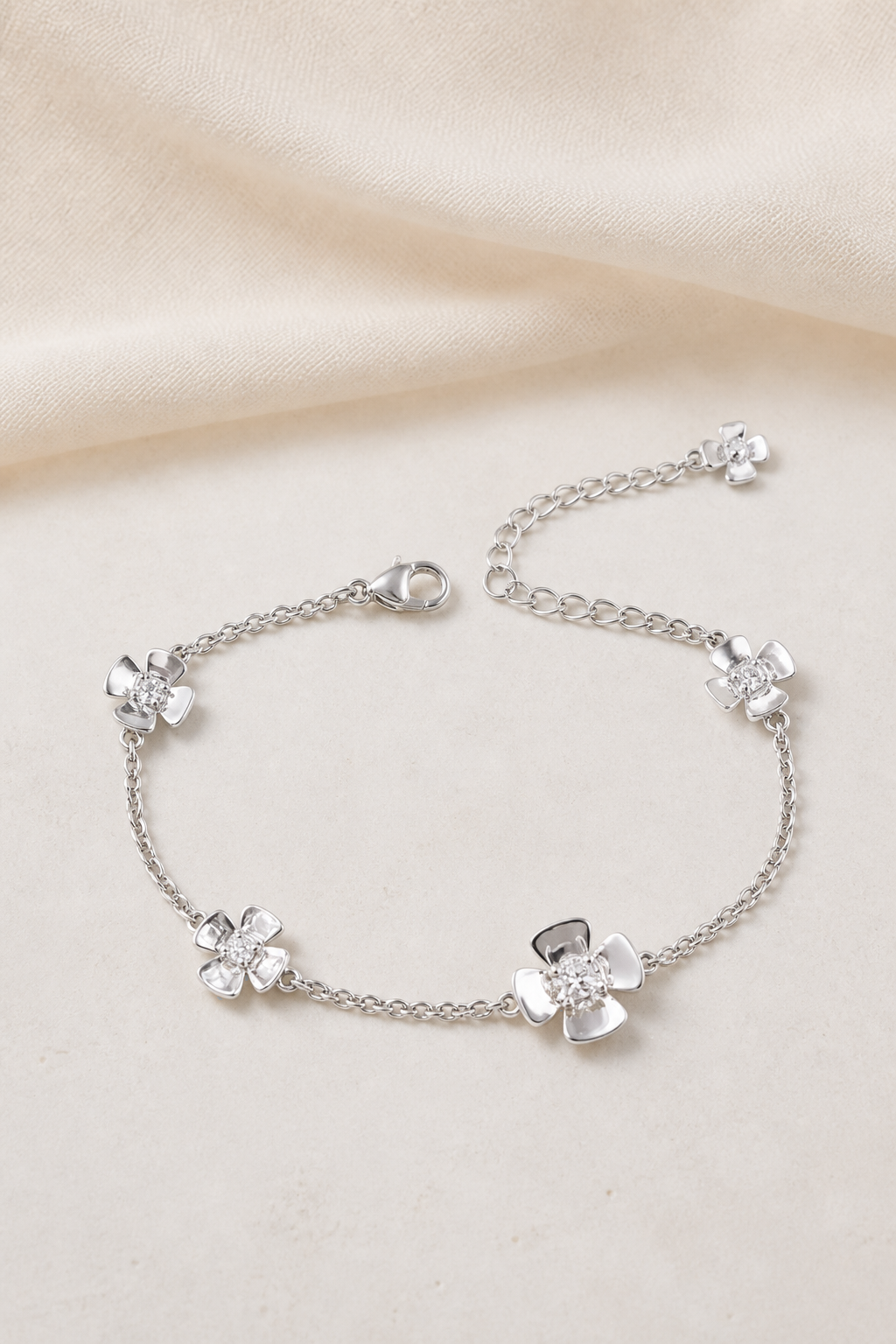 Impimo 0.51 CT Moissanite Floral Bracelet - 925 Silver 18K White Gold | display view on ivory linen