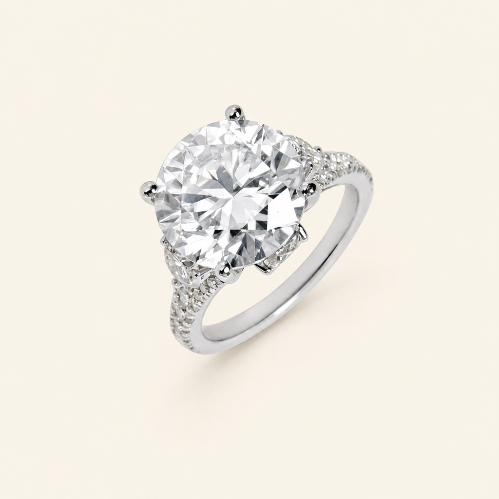 Impimo 10 CT Moissanite Round Cut Ring - Three-Stone Pavé Shank - 925 Sterling Silver with 18K White Gold Plating | packshot on ivory