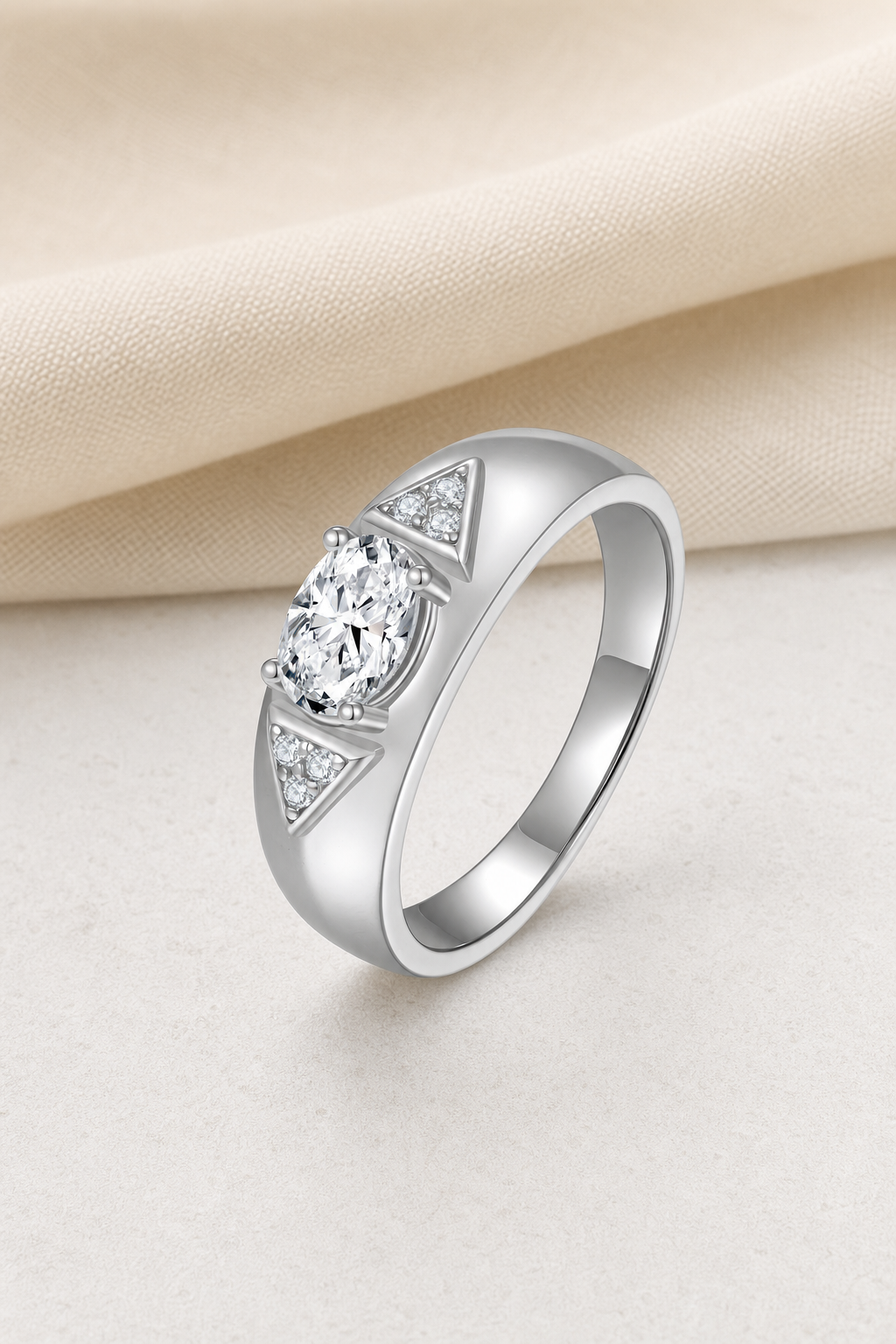 Impimo 1/2 CT Moissanite Oval Cut Ring - 925 Sterling Silver with 18K White Gold Plating | display view on ivory linen