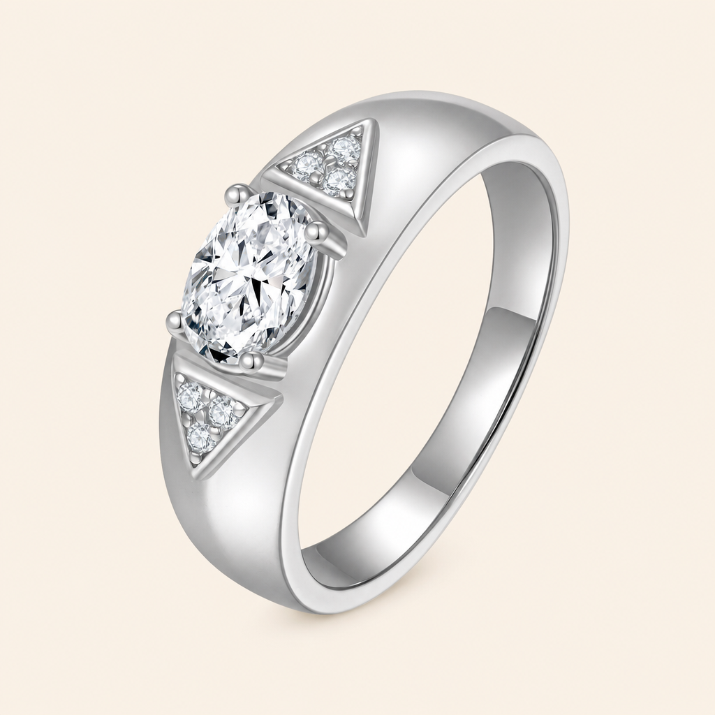 Impimo 1/2 CT Moissanite Oval Cut Ring - 925 Sterling Silver with 18K White Gold Plating | packshot on ivory