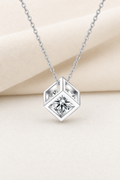 Impimo 1 CT Moissanite Square Cut Pendant - Hexagon & Cube - 925 Sterling Silver with 18K White Gold Plating | display view on ivory linen