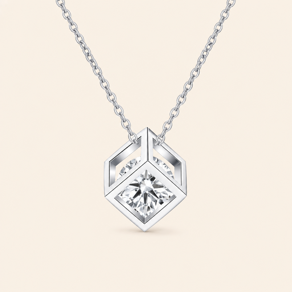 Impimo 1 CT Moissanite Square Cut Pendant - Hexagon & Cube - 925 Sterling Silver with 18K White Gold Plating | packshot on ivory