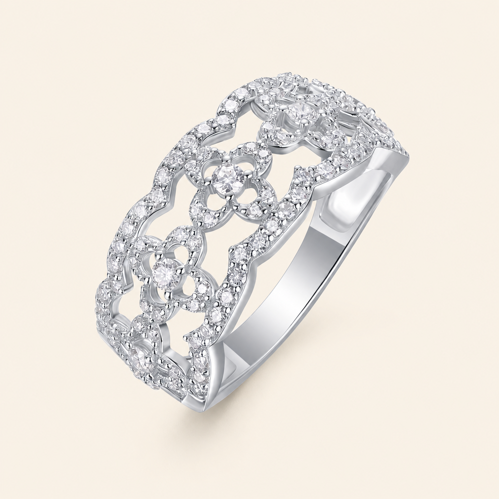 Impimo 0.7 CT (Total) Moissanite Round Cut Ring - 925 Sterling Silver with 18K White Gold Plating | packshot on ivory