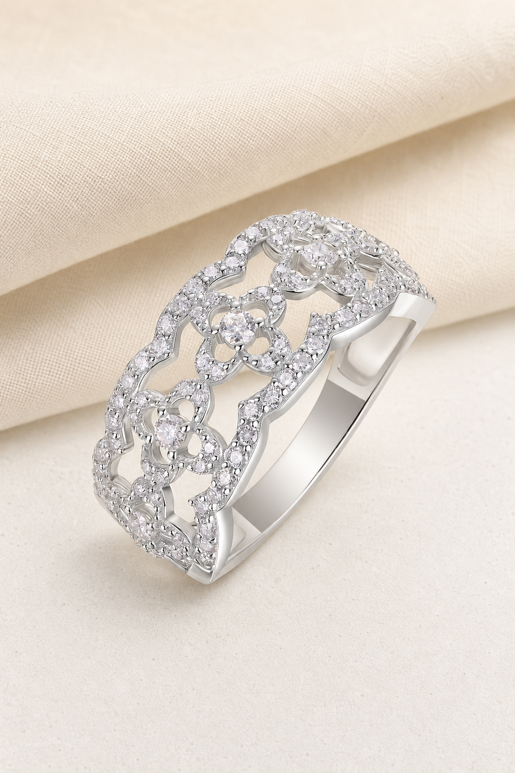 Impimo 0.7 CT (Total) Moissanite Round Cut Ring - 925 Sterling Silver with 18K White Gold Plating | display view on ivory linen