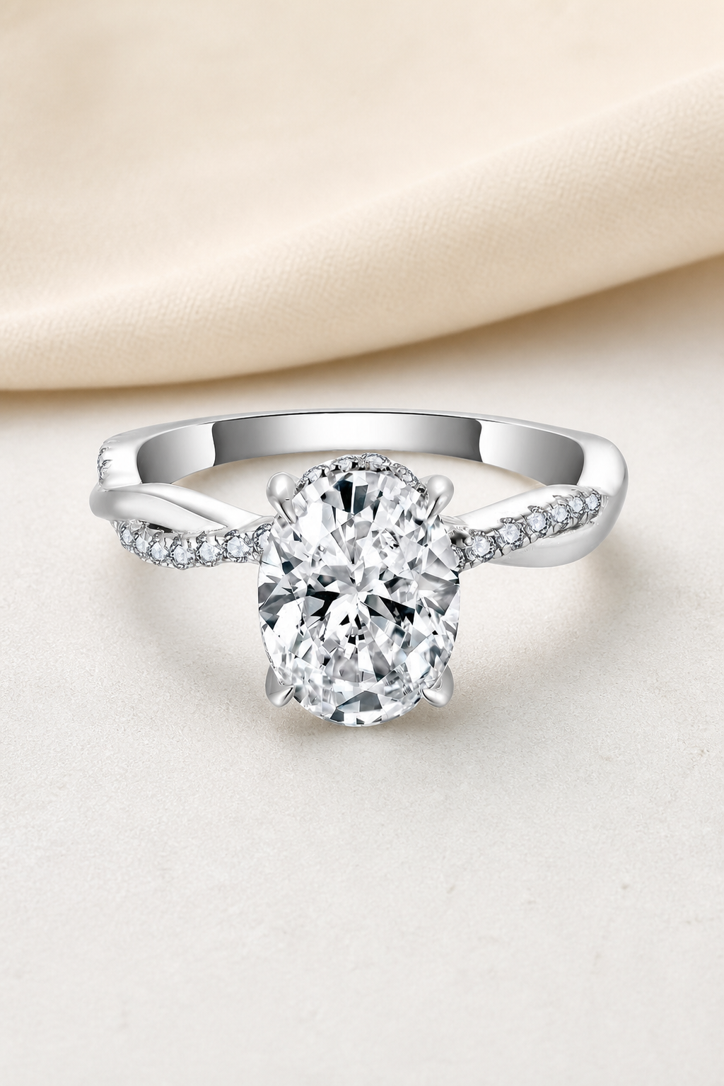Impimo 2 CT Moissanite Multiple Shape Ring - 925 Sterling Silver with 18K White Gold Plating | display view on ivory linen - oval cut