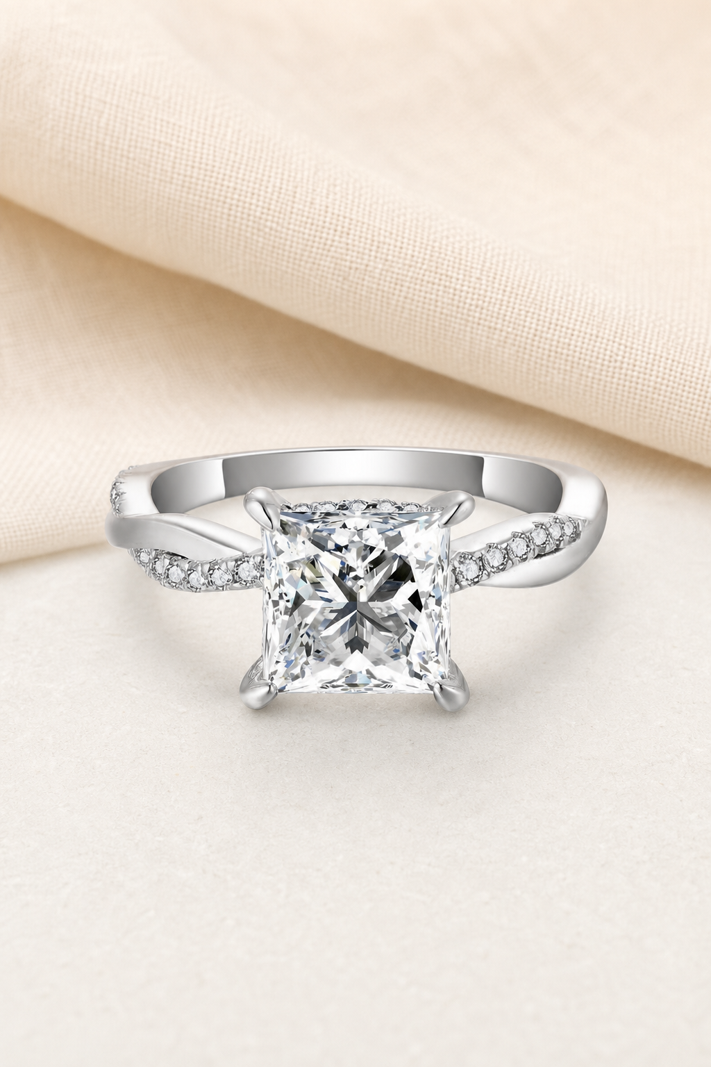 Impimo 2 CT Moissanite Multiple Shape Ring - 925 Sterling Silver with 18K White Gold Plating | display view on ivory linen - princess cut