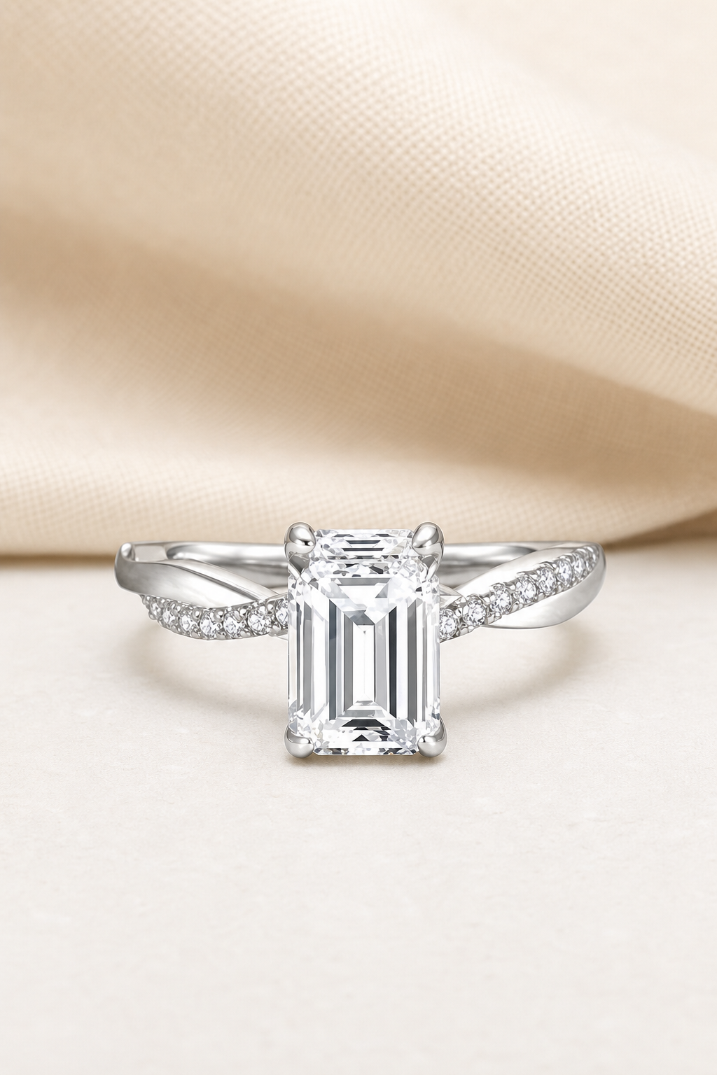 Impimo 2 CT Moissanite Multiple Shape Ring - 925 Sterling Silver with 18K White Gold Plating | display view on ivory linen - emerald cut