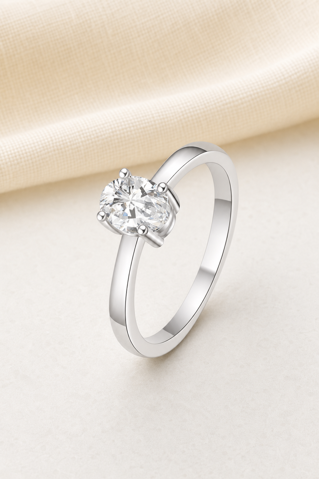 Impimo 1/2 CT Lab-Grown Diamond Ring - Radiant, Oval, Marquise & Pear Cut Options - 925 Sterling Silver with 18K White Gold Plating | display view on ivory linen - oval cut