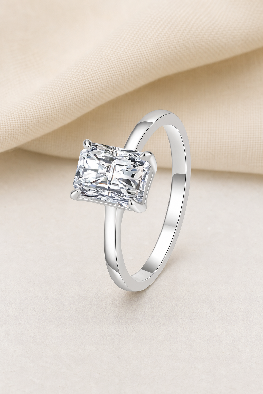 Impimo 1/2 CT Lab-Grown Diamond Ring - Radiant, Oval, Marquise & Pear Cut Options - 925 Sterling Silver with 18K White Gold Plating | display view on ivory linen - radiant cut