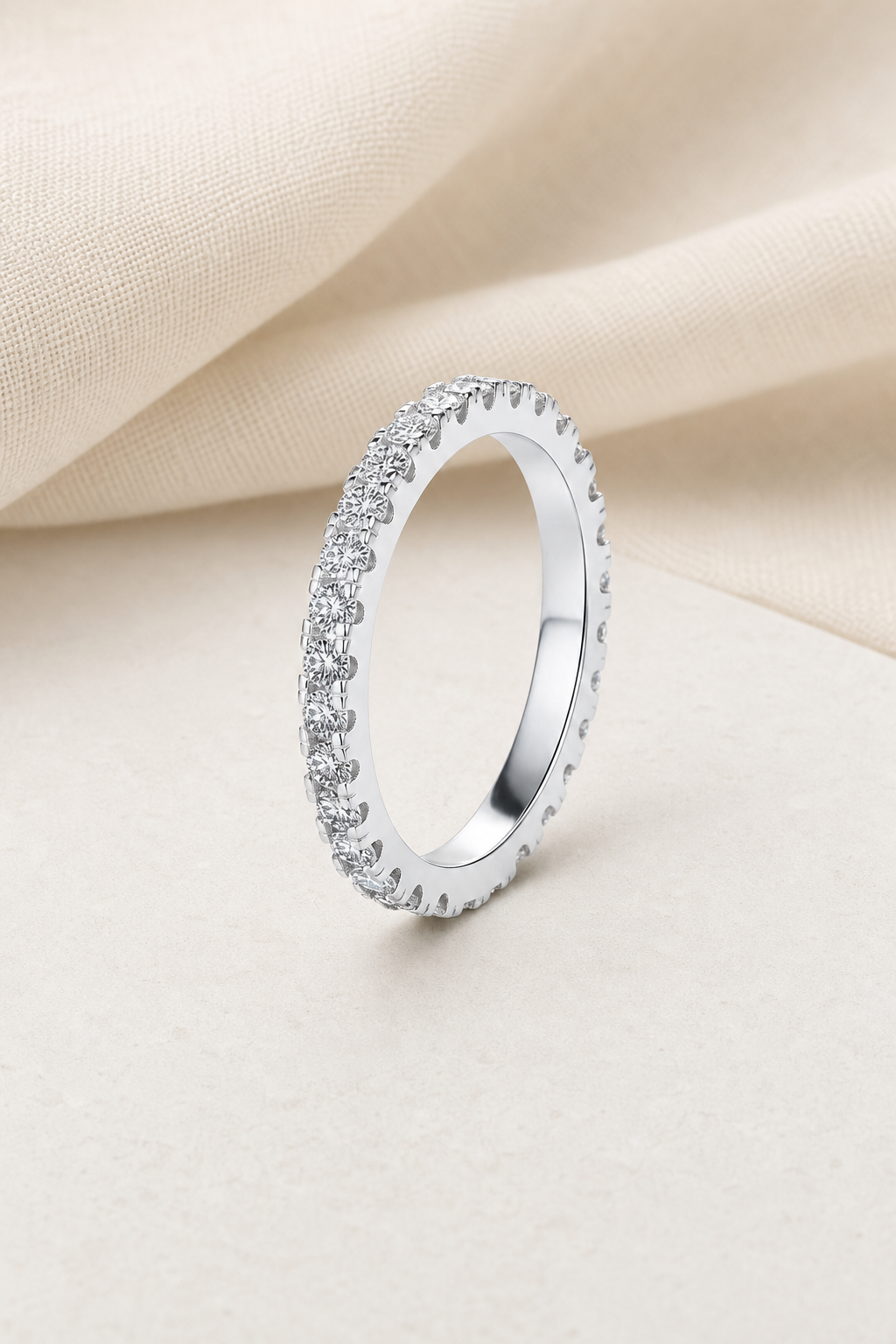Impimo 0.9 CT Moissanite Round Cut Ring - 925 Sterling Silver with 18K White Gold Plating | display view on ivory linen