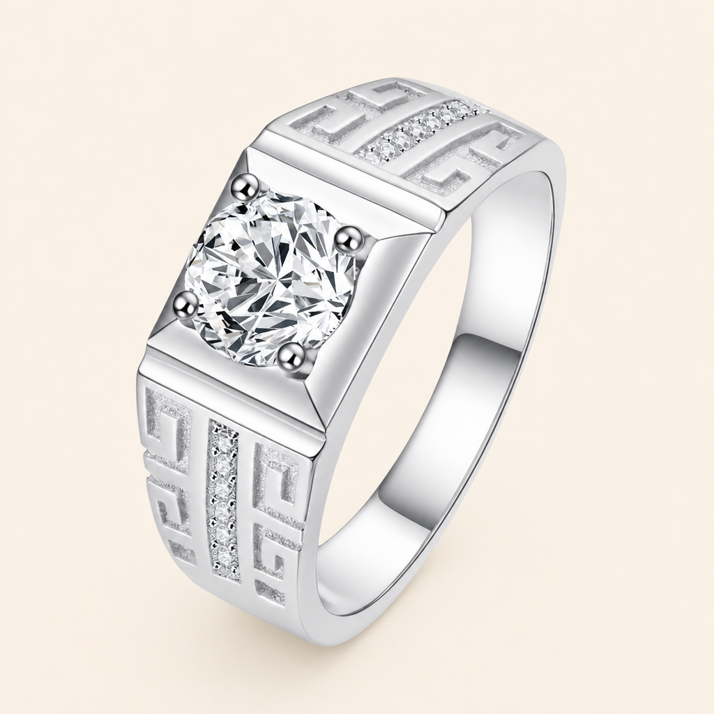 Impimo 1/2 CT Moissanite Round Cut Ring - Greek Key Band - 925 Sterling Silver with 18K White Gold Plating | packshot on ivory