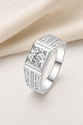 Impimo 1/2 CT Moissanite Round Cut Ring - Greek Key Band - 925 Sterling Silver with 18K White Gold Plating | display view on ivory linen