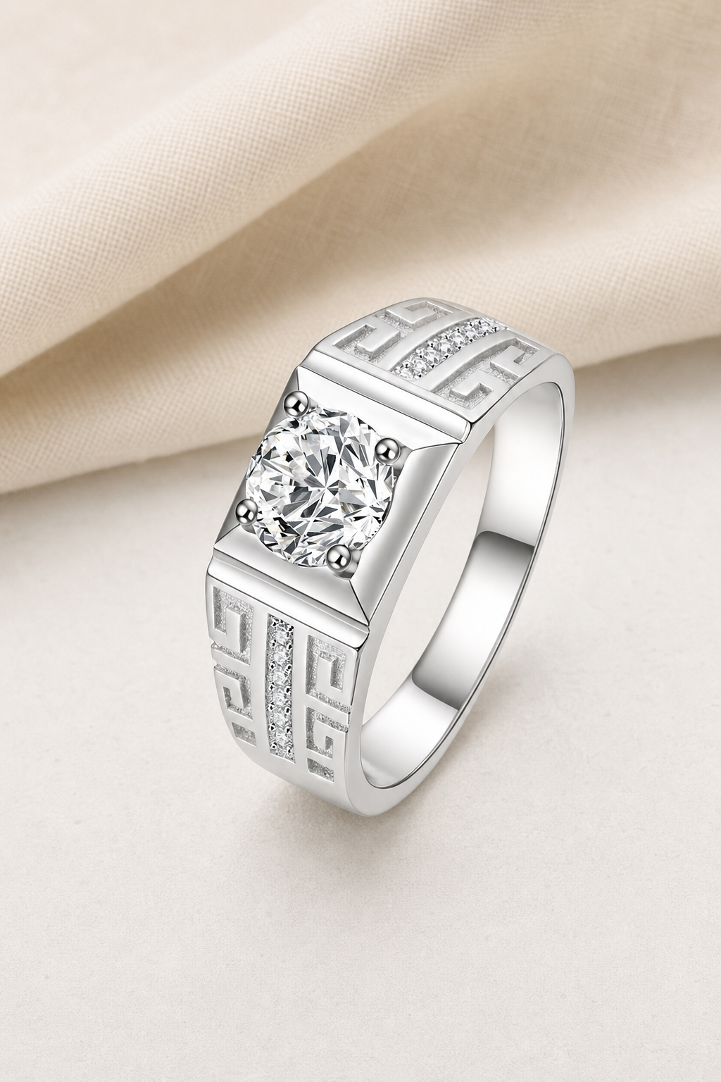 Impimo 1/2 CT Moissanite Round Cut Ring - Greek Key Band - 925 Sterling Silver with 18K White Gold Plating | display view on ivory linen