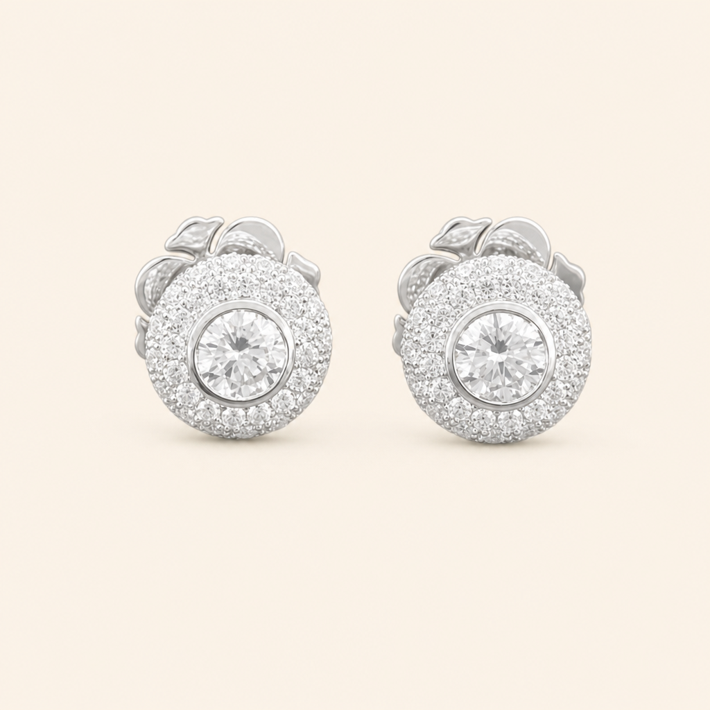 Impimo 1.6-2.6 CT Moissanite Round Stud Earrings - 925 Sterling Silver 18K White Gold | packshot on ivory