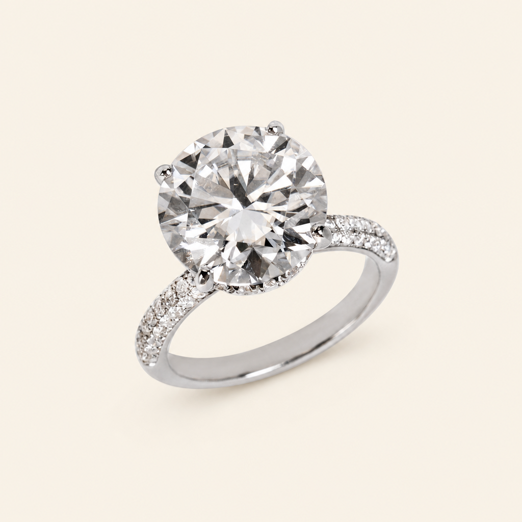 Impimo 10 CT Moissanite Round Cut Ring - Micro Pavé Solitaire - 925 Sterling Silver with 18K White Gold Plating | packshot on ivory