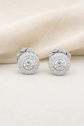 Impimo 1.6-2.6 CT Moissanite Round Stud Earrings - 925 Sterling Silver 18K White Gold | display view on ivory linen