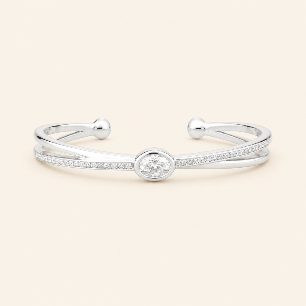 Impimo 1.60 CT Moissanite Bangle with Oval Center Stone - 925 Silver 18K White Gold | packshot on ivory