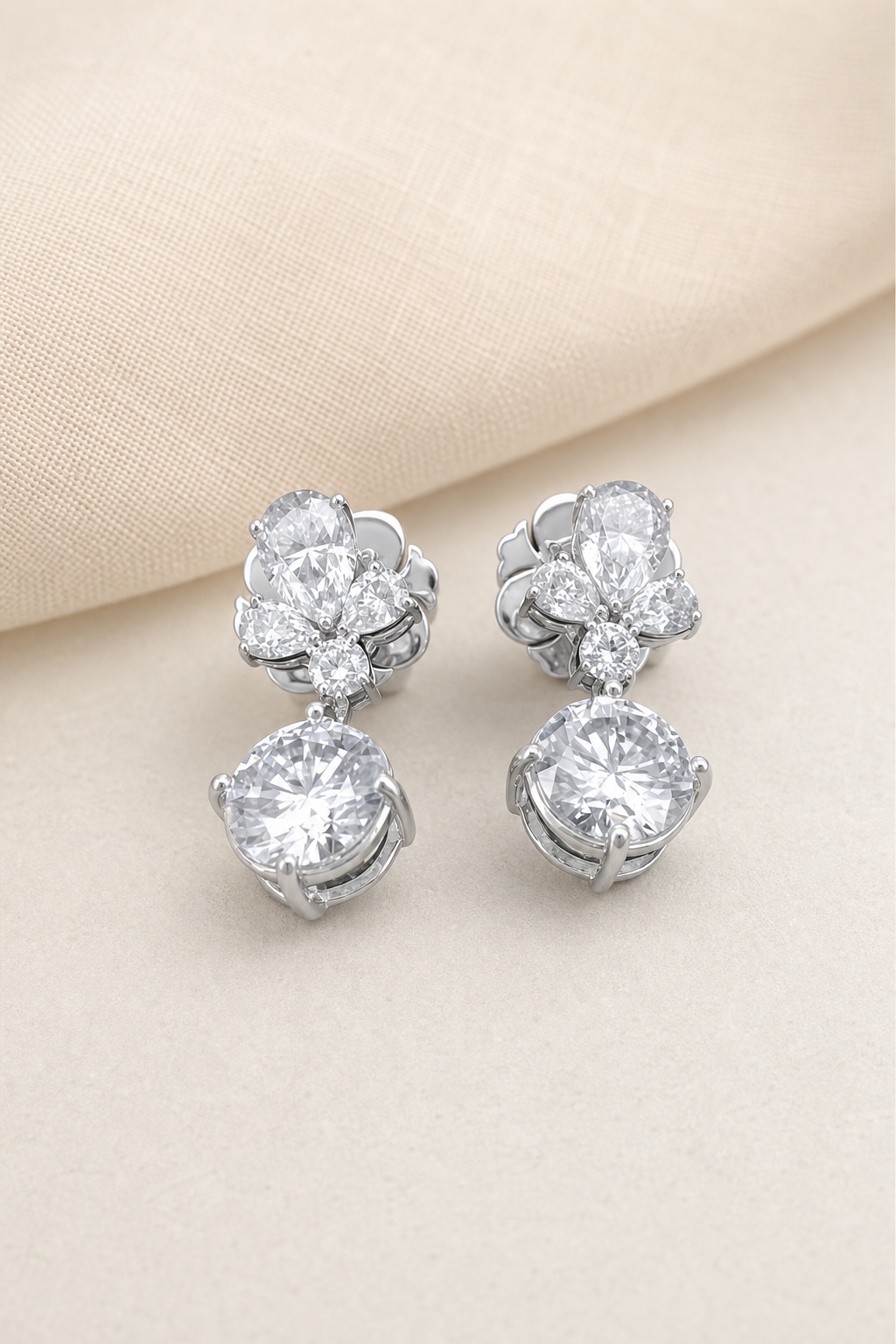 Impimo 6.4 CT Moissanite Floral Drop Earrings - 925 Sterling Silver 18K White Gold | display view on ivory linen