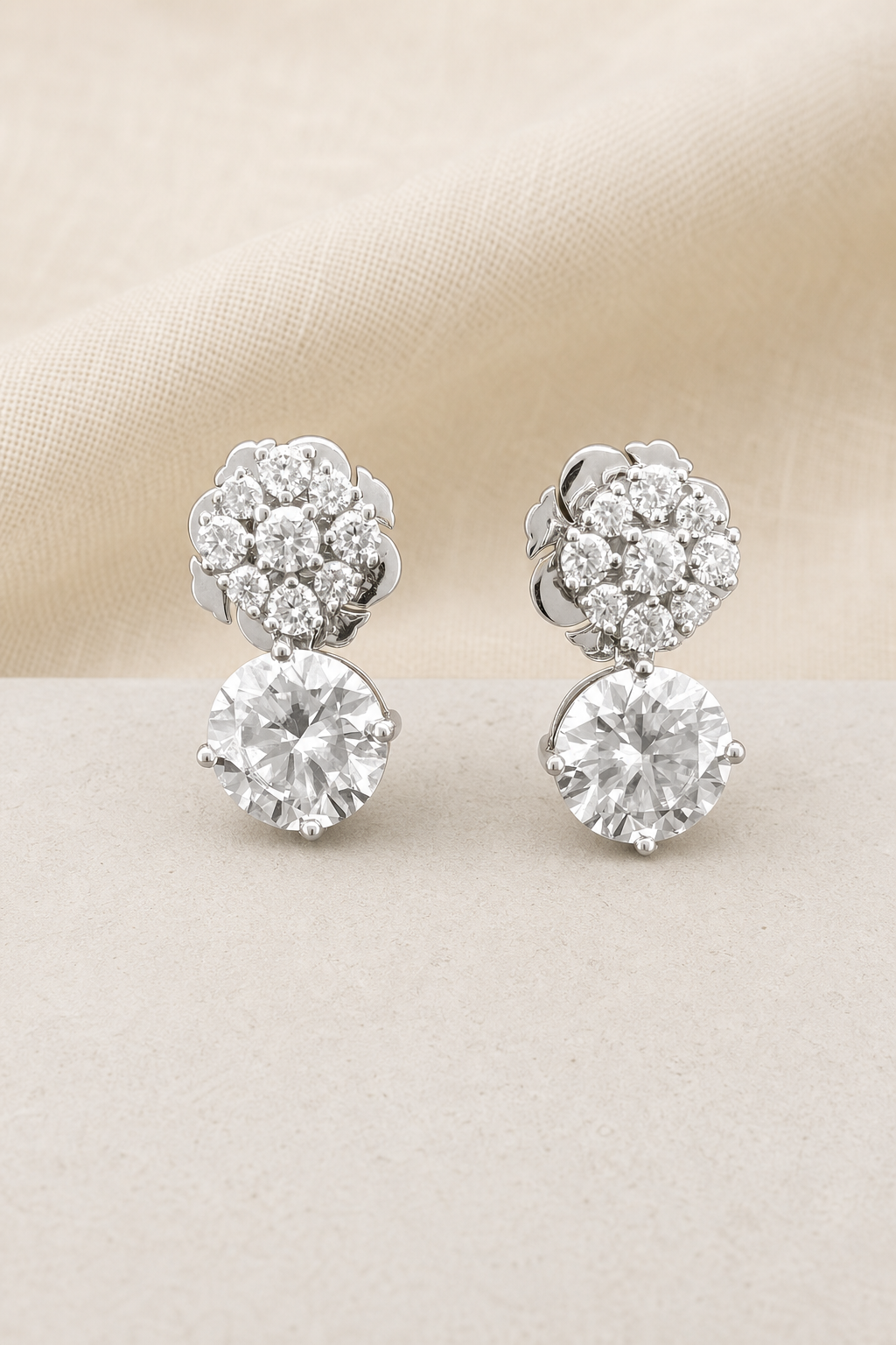 Impimo 7 CT Moissanite Floral Drop Earrings - 925 Sterling Silver 18K White Gold | display view on ivory linen