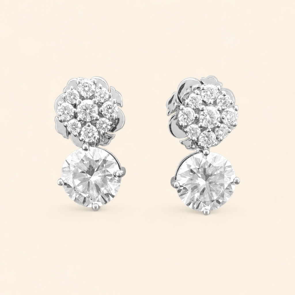 Impimo 7 CT Moissanite Floral Drop Earrings - 925 Sterling Silver 18K White Gold | packshot on ivory