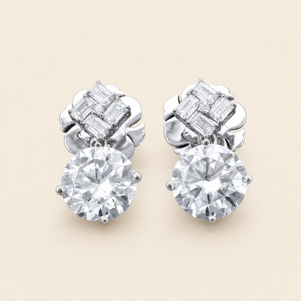 Impimo 6.7 CT Moissanite Drop Earrings - 925 Sterling Silver 18K White Gold | packshot on ivory