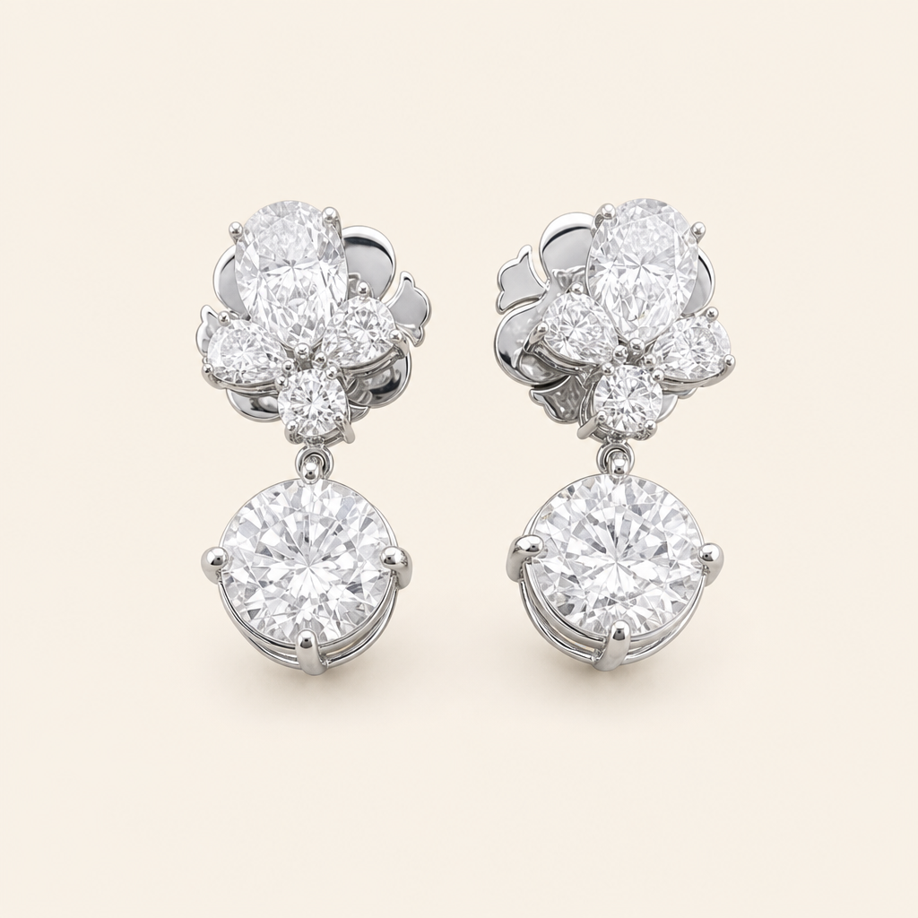 Impimo 6.4 CT Moissanite Floral Drop Earrings - 925 Sterling Silver 18K White Gold | packshot on ivory