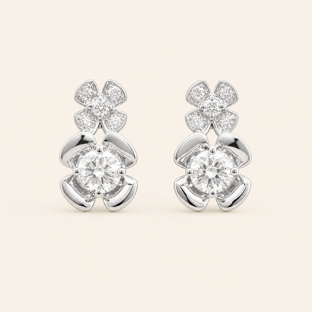 Impimo Moissanite Floral Stud Earrings - 0.6 CT Total (0.3 CT Each) - 925 Silver 18K White Gold | packshot on ivory