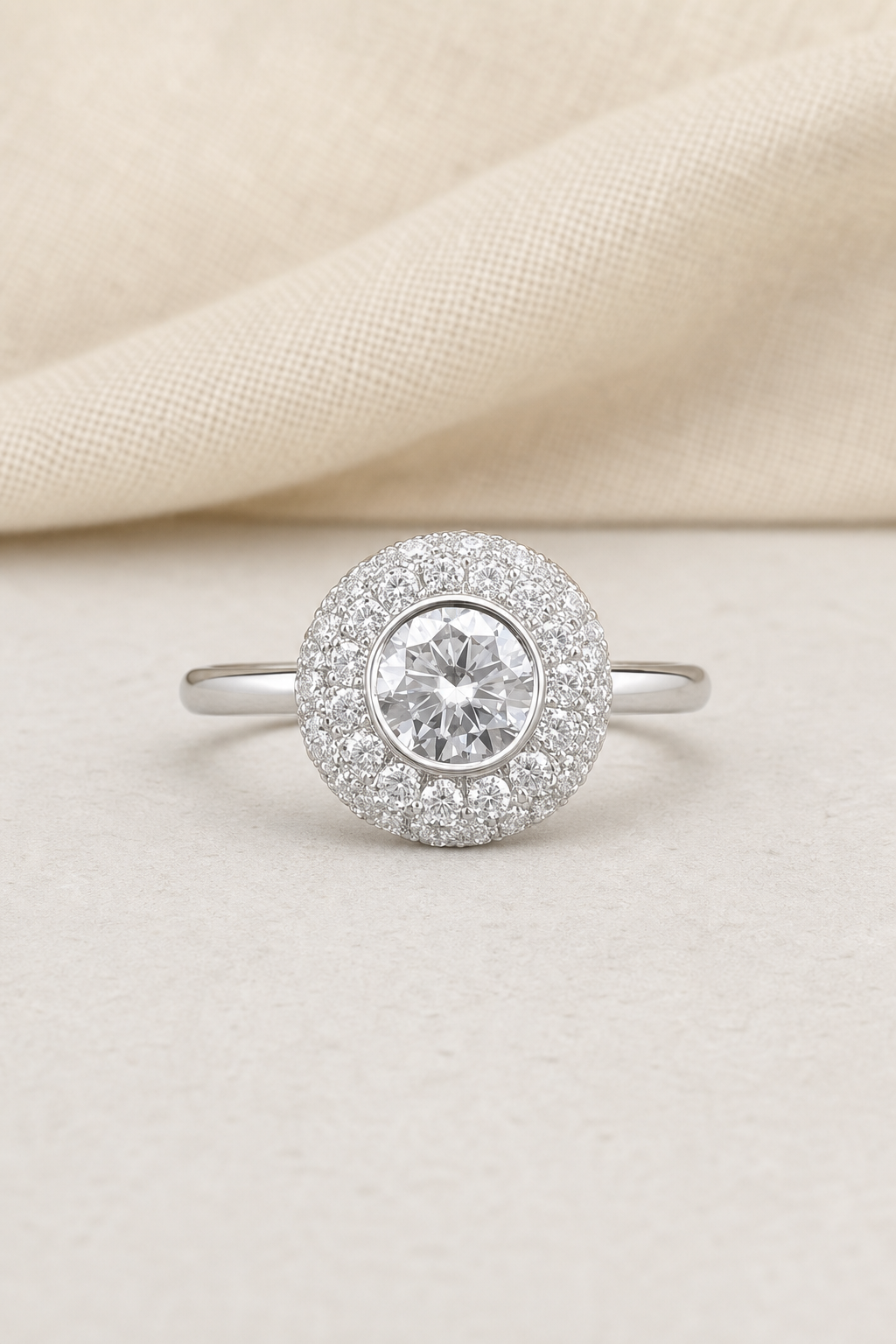 Impimo 0.5-1 CT Moissanite Halo Ring - 925 Sterling Silver 18K White Gold | display view on ivory linen
