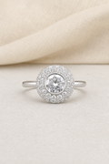 Impimo 0.5-1 CT Moissanite Halo Ring - 925 Sterling Silver 18K White Gold | display view on ivory linen