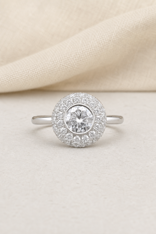 Impimo 0.5-1 CT Moissanite Halo Ring - 925 Sterling Silver 18K White Gold | display view on ivory linen