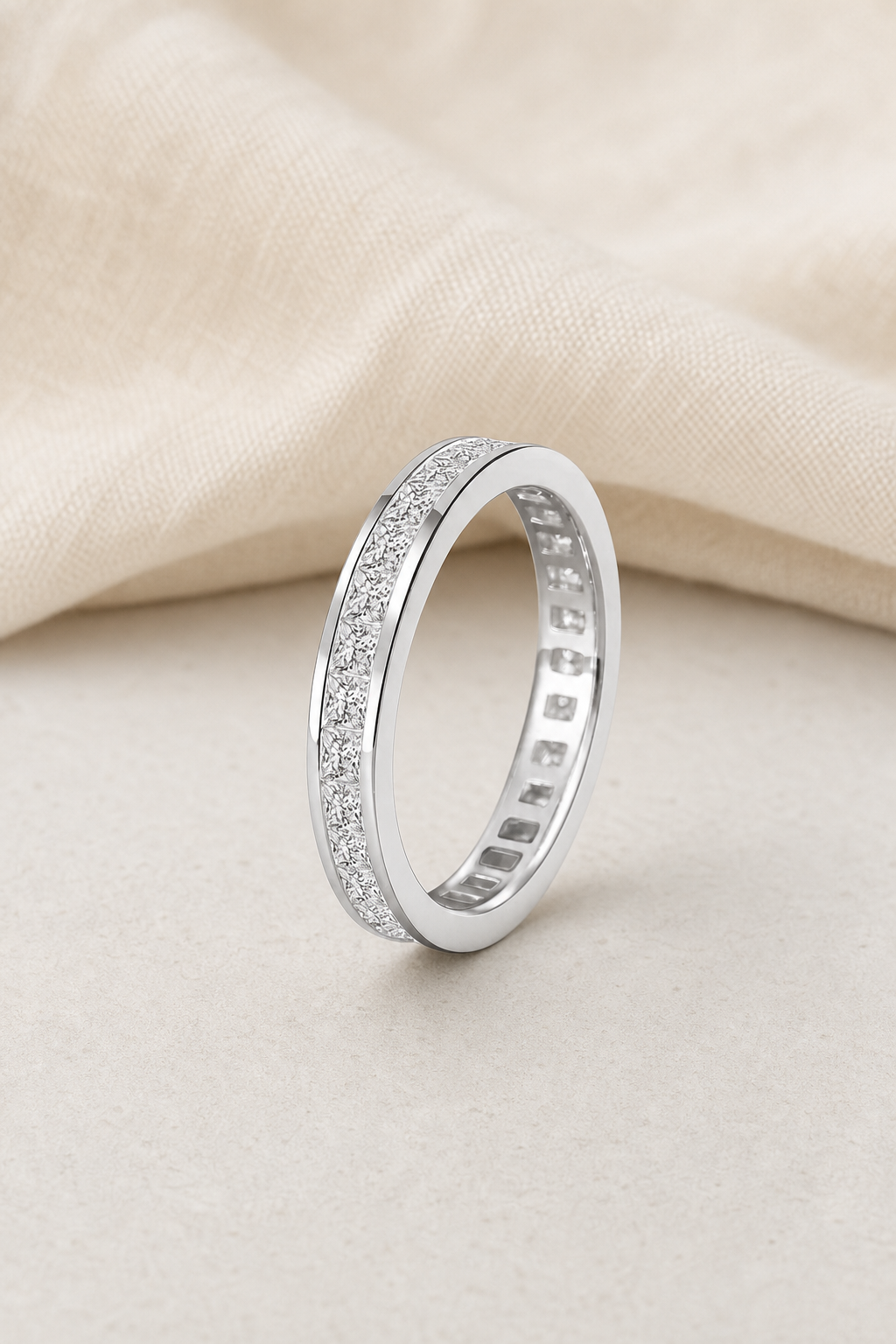 Impimo 2.3 CT Moissanite Princess Cut Ring - 925 Sterling Silver with 18K White Gold Plating | display view on ivory linen